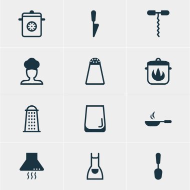 12 mutfak eşyaları simgeler vektör Illustration. Mutfak hançer, yemek kaşığı, cam bardak ve diğer öğeleri düzenlenebilir paketi.