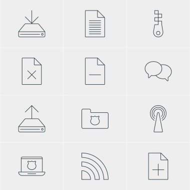 12 Internet simgeler vektör Illustration. Düzenlenebilir paket bilgi yükü, raptiye, dosya kaldırma ve diğer öğeleri.