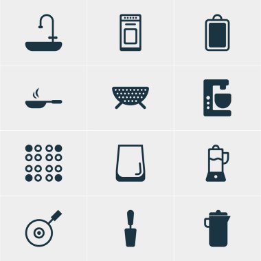12 mutfak eşyaları simgeler vektör Illustration. Tavada, fırın, cam bardak ve diğer öğeleri düzenlenebilir paketi.