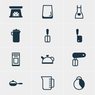 12 pişirme simgeler vektör Illustration. Düzenlenebilir Pack ibrik, fırın, ölçme aracı ve diğer öğeleri.