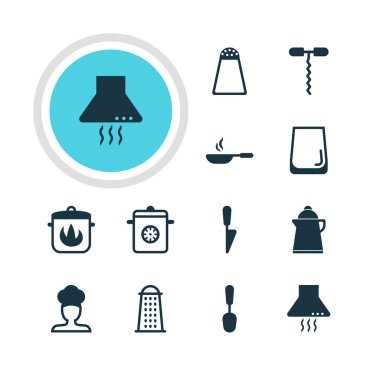 12 mutfak eşyaları simgeler vektör Illustration. Cam bardak, tenceresi, çay ve diğer öğeleri düzenlenebilir paketi.