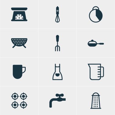 12 mutfak eşyaları simgeler vektör Illustration. Önlük, Pan, fırın ve diğer öğeleri düzenlenebilir paketi.