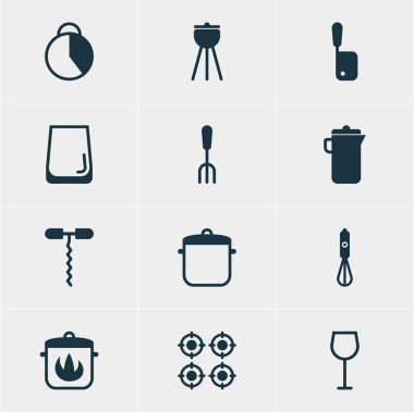12 Restoran simgeler vektör Illustration. Çorba Pan, sürahi, şarap ve diğer öğeleri düzenlenebilir paketi.