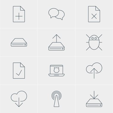 12 Web Simgeler Vektör Illustration. Veri karşıya yükleme, bilgi yükleme, sabit disk Disk ve diğer öğeleri düzenlenebilir paketi.