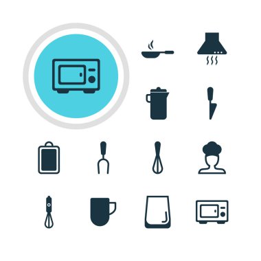 12 Restoran simgeler vektör Illustration. Mutfak hançer, aşçı, fırın ve diğer öğeleri düzenlenebilir sürüsü.