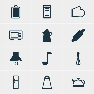 12 pişirme simgeler vektör Illustration. Aspiratör cihazı, fırın, doğrama Masası ve diğer öğeleri düzenlenebilir sürüsü.