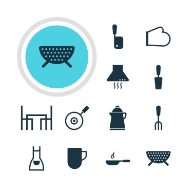 12 Restoran simgeler vektör Illustration. Düzenlenebilir paket çay, Fırın eldivenleri, çay bardağı ve diğer öğeleri.