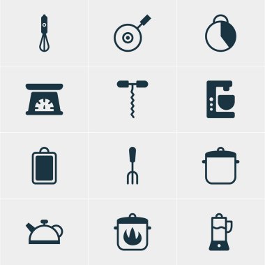 12 mutfak eşyaları simgeler vektör Illustration. Teşekkürler, ibrik, tava ve diğer öğeleri düzenlenebilir paketi.
