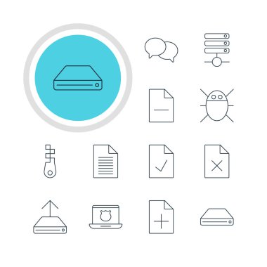 12 Web Simgeler Vektör Illustration. Fastener konuşuyor, sabit disk Disk ve diğer öğeleri, düzenlenebilir sürüsü.