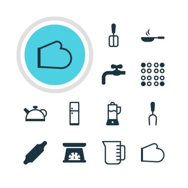 12 Restoran simgeler vektör Illustration. Kesici takımlar için ölçme, kürek ve diğer öğeleri pişirme tencere, düzenlenebilir sürüsü.