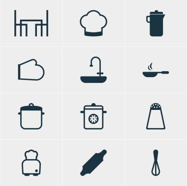 12 mutfak eşyaları simgeler vektör Illustration. Ekmek, Corolla, çorba Pan ve diğer öğeleri düzenlenebilir paketi.