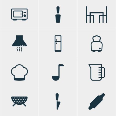 12 pişirme simgeler vektör Illustration. Yemek Masası, sürahi, buzdolabı ve diğer öğeleri düzenlenebilir paketi.