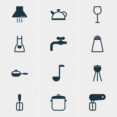 12 Restoran simgeler vektör Illustration. Barbekü, önlük, musluk ve diğer öğeleri düzenlenebilir paketi.