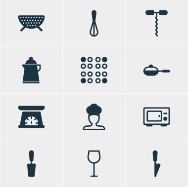 12 mutfak eşyaları simgeler vektör Illustration. Düzenlenebilir paket çay, aşçı, ölçme aracı ve diğer öğeleri.