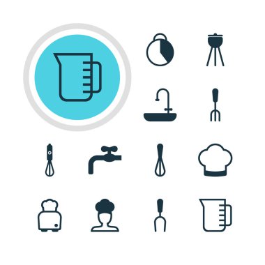 12 pişirme simgeler vektör Illustration. Zaman tutucu, ekmek, musluk ve diğer öğeleri düzenlenebilir paketi.