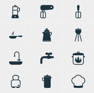 12 mutfak eşyaları simgeler vektör Illustration. Düzenlenebilir paket sürahi, kızartma tavası, pişirme Spade ve diğer öğeleri.