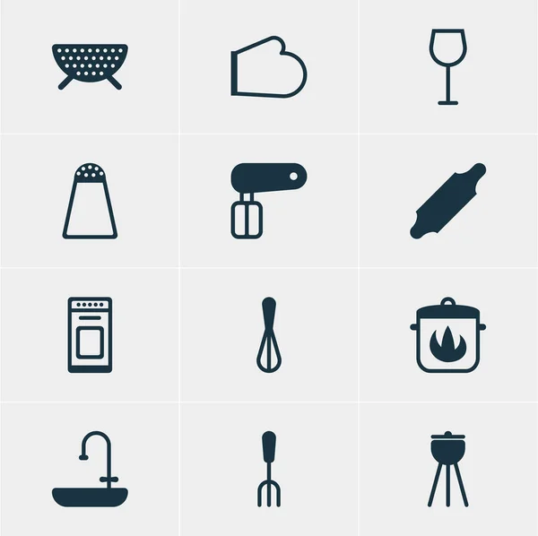 Ilustração vetorial de 12 ícones de cozinha. Pacote editável de vinho, rolo de padaria, garfo e outros elementos . — Vetor de Stock