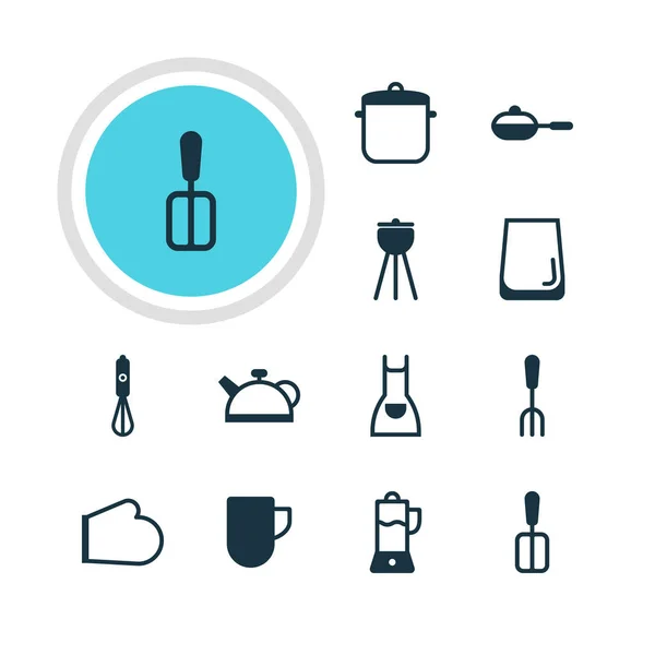 Ilustración vectorial de 12 iconos de cocina. Paquete editable de taza de té, sartén, taza de vidrio y otros elementos . — Archivo Imágenes Vectoriales