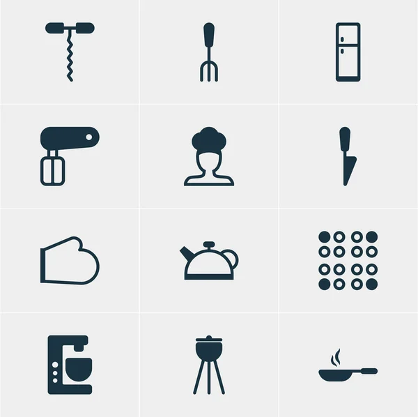 Ilustración vectorial de 12 iconos de restaurantes. Paquete editable de cocinero, refrigerador, tetera y otros elementos . — Archivo Imágenes Vectoriales