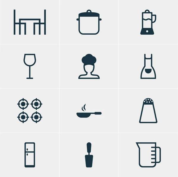 Vector Illustration dari 12 Restaurant Icons. Paket meja makan, kulkas, kafe dan elemen lainnya yang dapat diedit . - Stok Vektor