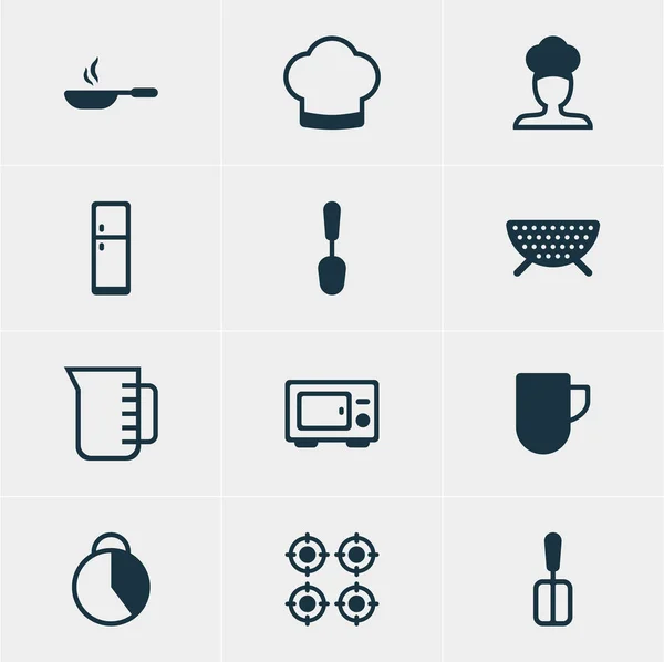 Ilustración vectorial de 12 iconos de cocina. Paquete editable de cocinero, tamiz, espada de cocina y otros elementos . — Archivo Imágenes Vectoriales