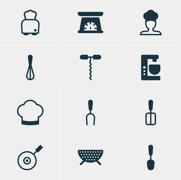 Ilustracja wektorowa 12 ikon przybory kuchenne. Edytowalne Pack z patelni, mikser, kapelusz kucharz i inne elementy. — Wektor stockowy