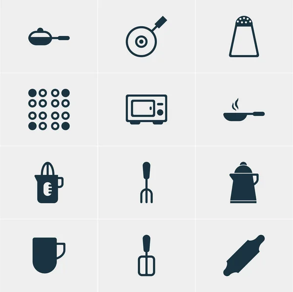 Ilustração vetorial de 12 ícones de utensílios de cozinha. Pacote editável de chá, garfo, panela e outros elementos . — Vetor de Stock