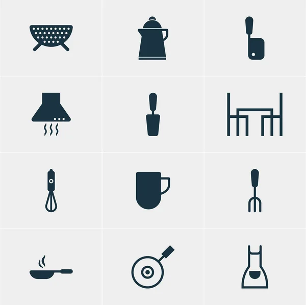 Vector Illustration of 12 Kitchenware Icons (dalam bahasa Inggris). Paket Spatula yang Dapat diedit, Tabel Makan Malam, Fork And Other Elements . - Stok Vektor