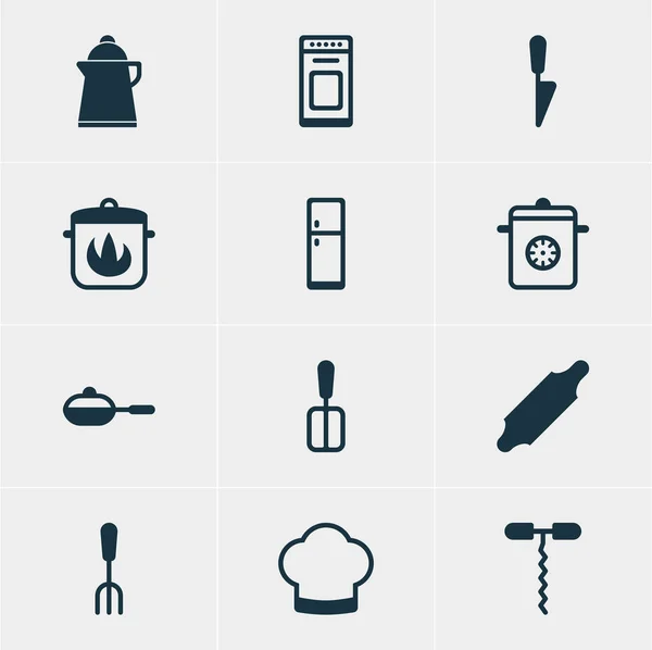 Illustration vectorielle de 12 icônes de vaisselle de cuisine. Pack modifiable de casserole, réfrigérateur, four et autres éléments . — Image vectorielle