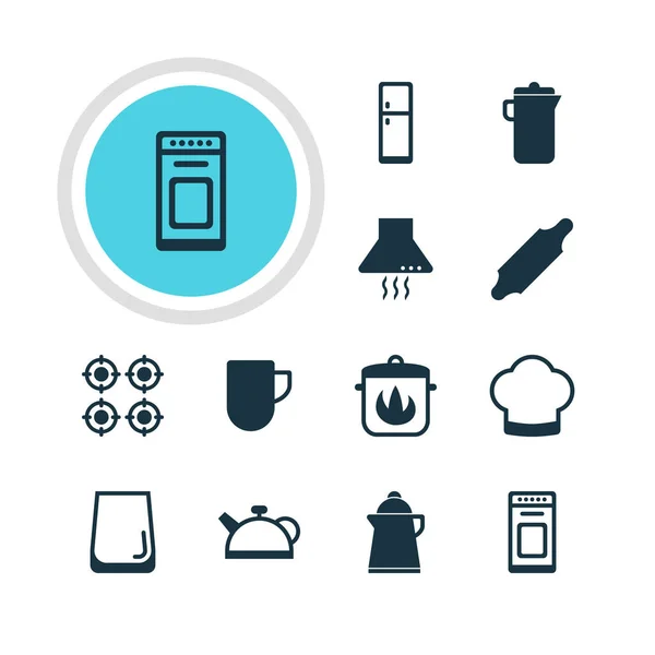 Ilustración vectorial de 12 iconos de utensilios de cocina. Paquete editable de horno, taza de té, té y otros elementos . — Archivo Imágenes Vectoriales