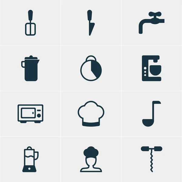 Illustrazione vettoriale di 12 icone utensili da cucina. Pacchetto modificabile di apribottiglie, brocca, pugnale da cucina e altri elementi . — Vettoriale Stock