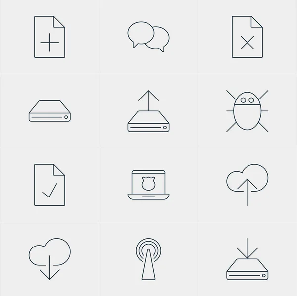 Vectorillustratie Of 12 Web Icons. Bewerkbare Pack van gegevens uploaden, gegevens laden, harde schijf schijf en andere elementen. — Stockvector