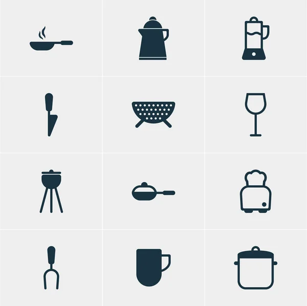 Vector Illustration of 12 Kitchenware Icons (dalam bahasa Inggris). Paket Wine yang Dapat Disunting, Belati Dapur, Frying Pan And Other Elements . - Stok Vektor