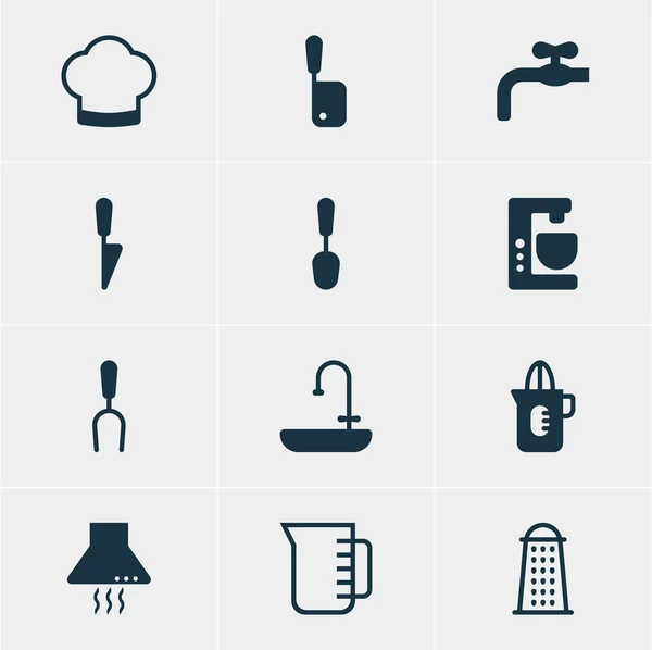 Ilustración vectorial de 12 iconos de utensilios de cocina. Paquete editable de lavabo, Herramienta para barbacoa, Elementos de cucharada . — Archivo Imágenes Vectoriales