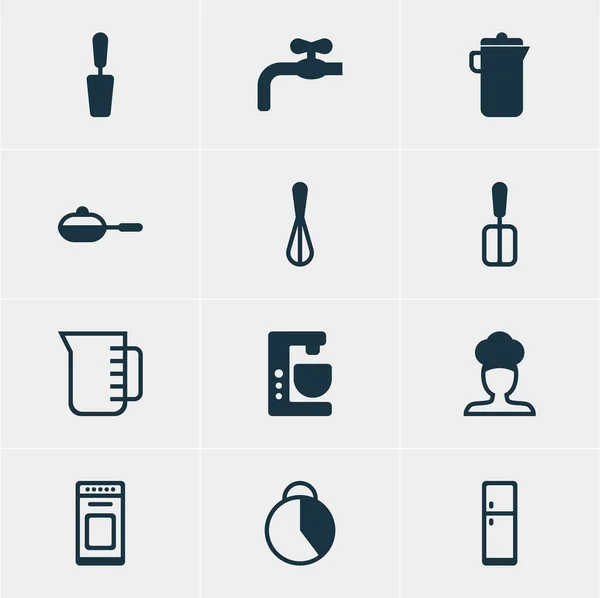 Ilustración vectorial de 12 iconos de utensilios de cocina. Paquete editable de grifo, cronometrador, jarra y otros elementos . — Archivo Imágenes Vectoriales