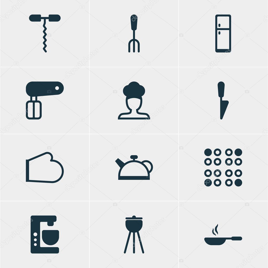 Vector Illustration Of 12 Restaurant Icons. Editable Pack Of Cook, Refrigerator, Teakettle And Other Elements.
