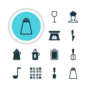 12 mutfak eşyaları simgeler vektör Illustration. Shaker, şarap, yemek kaşığı ve diğer öğeleri düzenlenebilir paketi.