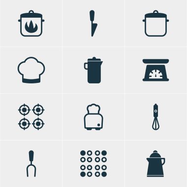 12 mutfak eşyaları simgeler vektör Illustration. Chef şapka, tenceresi, fırın ve diğer öğeleri düzenlenebilir paketi.