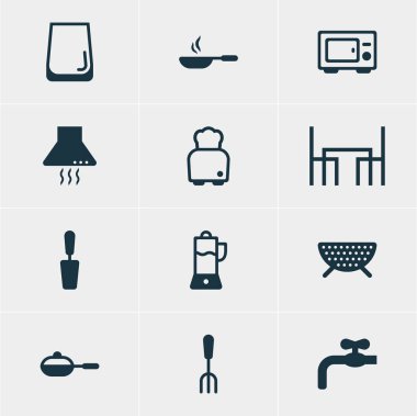 12 mutfak eşyaları simgeler vektör Illustration. Düzenlenebilir paket Spatula, çatal, kızartma tavası ve diğer öğeleri.