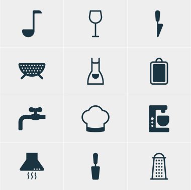 12 Restoran simgeler vektör Illustration. Dilimleyici, mutfak hançer, doğrama Masası ve diğer öğeleri düzenlenebilir sürüsü.