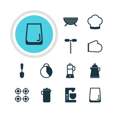 12 mutfak eşyaları simgeler vektör Illustration. Düzenlenebilir paket meyve sıkacağı, şarap açacağı, mikser ve diğer öğeleri.