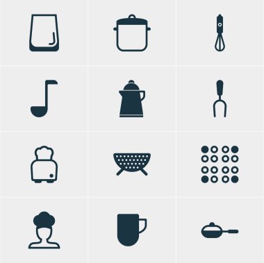 12 Restoran simgeler vektör Illustration. Pan, çay, ekmek ve diğer öğeleri düzenlenebilir paketi.