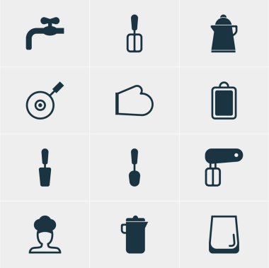 12 mutfak eşyaları simgeler vektör Illustration. Cam bardak, tava, Spatula ve diğer öğeleri düzenlenebilir paketi.