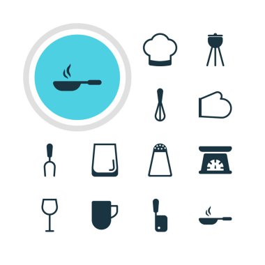 12 mutfak eşyaları simgeler vektör Illustration. Barbekü aracı, Fırın eldivenleri, Corolla ve diğer öğeleri düzenlenebilir paketi.