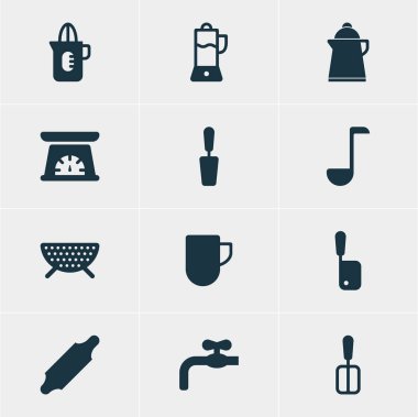 12 mutfak eşyaları simgeler vektör Illustration. Düzenlenebilir paket Spatula, meyve sıkacağı, çay bardağı ve diğer öğeleri.
