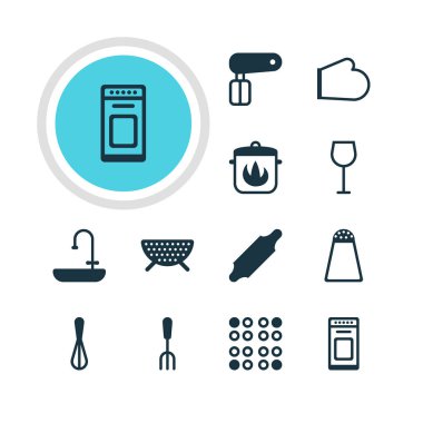 12 pişirme simgeler vektör Illustration. Fırın eldiveni, banyoya, Corolla öğelerin düzenlenebilir paketi.