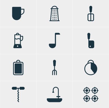 12 Restoran simgeler vektör Illustration. Yemek Masası, çorba kaşığı ve diğer öğeleri doğrama Spade, düzenlenebilir paketi.