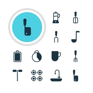 12 Restoran simgeler vektör Illustration. Çorba kaşığı, Resepsiyon, meyve sıkacağı ve diğer öğeleri doğrama düzenlenebilir sürüsü.