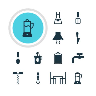 12 mutfak eşyaları simgeler vektör Illustration. Aspiratör cihazı, Shaker, mutfak hançer ve diğer öğeleri düzenlenebilir sürüsü.