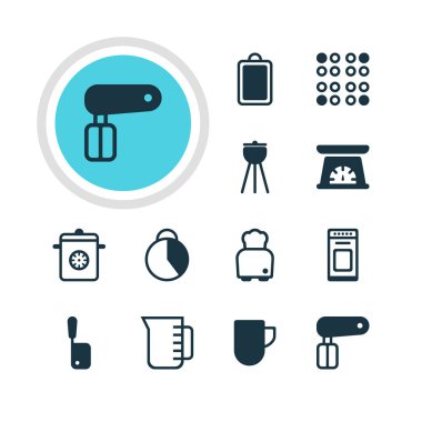 12 mutfak eşyaları simgeler vektör Illustration. Ocak, sürahi, muvakkithane ve diğer öğeleri düzenlenebilir paketi.